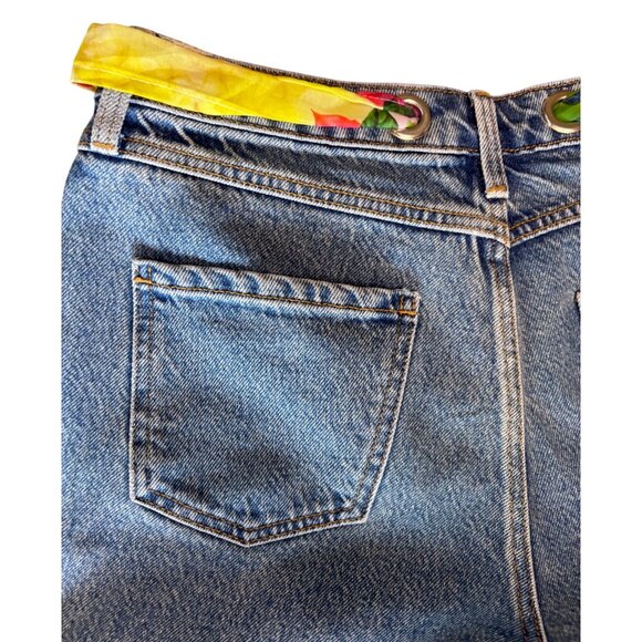 Sample One Of A Kind Embroidered Denim Shorts Grommet Scarf Belt 14” Waist New - Picture 9 of 10